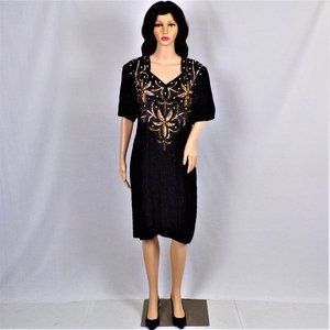 SILK! STYLE DESIGN size S black possibly vintage SS sheath dress beads & sequins